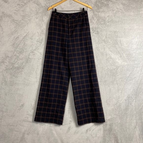 Wyeth Pants - Wyeth Womens Plaid Wool Blend Wide Leg Trousers Navy Brown High Rise Pants 2